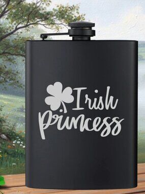 Personalized Engraved Irish Clover Irish Princess Black Flask